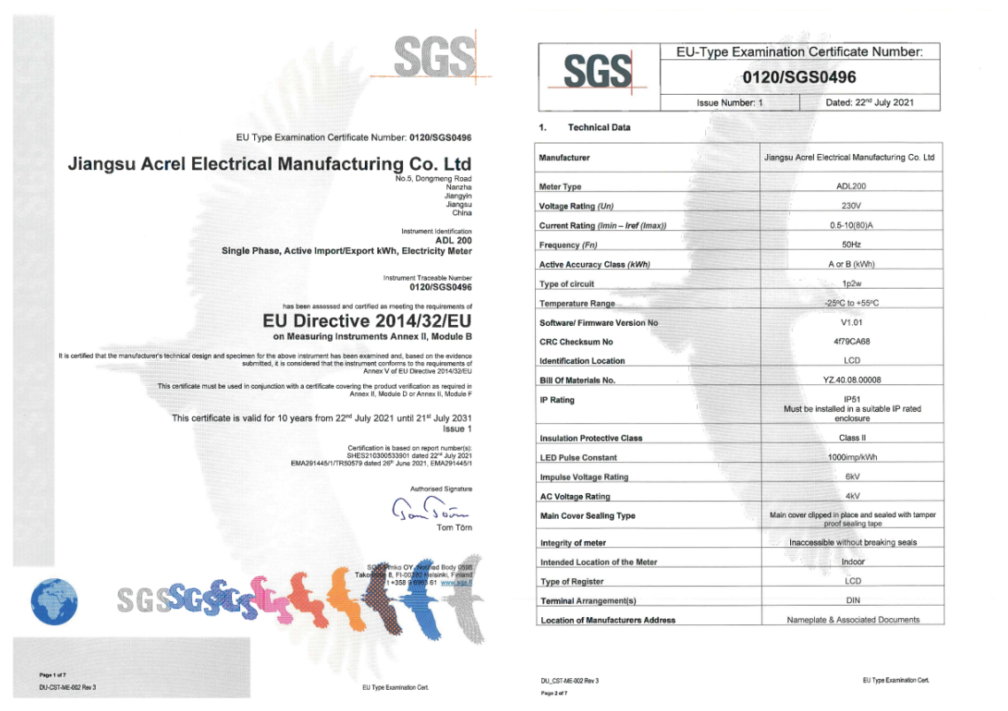 Acrel Mid Energy Meter Sgs Report